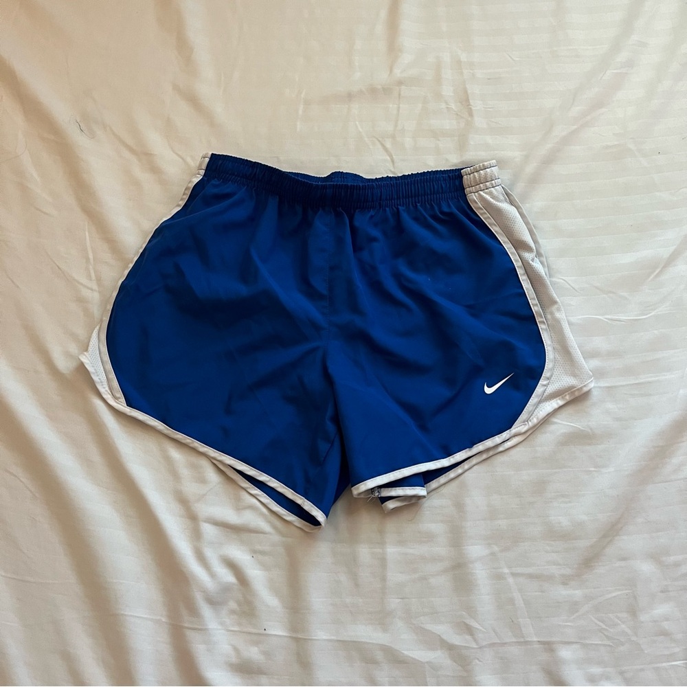 Nike Blue and White Athletic Shorts with Curved Hem